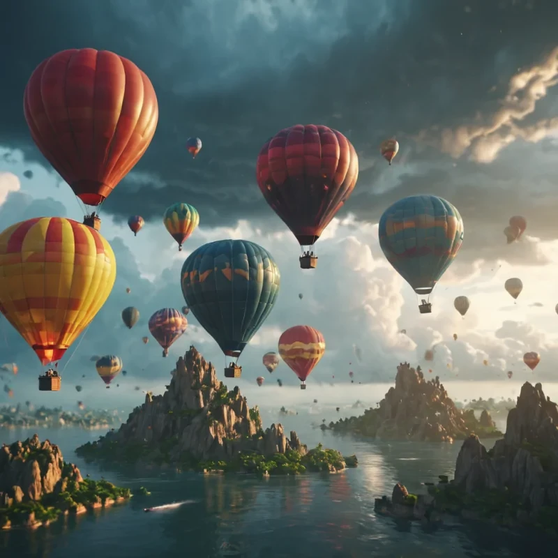 A group of sentient, levitating hot air balloons exploring a stormy sky filled with floating islands, hyperrealistic, 4K, cinematic lighting, volumetric lighting, atmospheric effects, bokeh effect, soft focus, lens flare, vibrant colors, detailed textures.