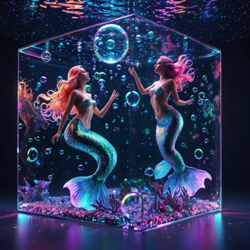 Hyperrealistic neon mermaids with reflective metallic scales swirling in a cubic aquarium under a starry sky, holographic bubbles floating in volumetric lighting, dynamic shadows, soft focus, vibrant colors, 4K