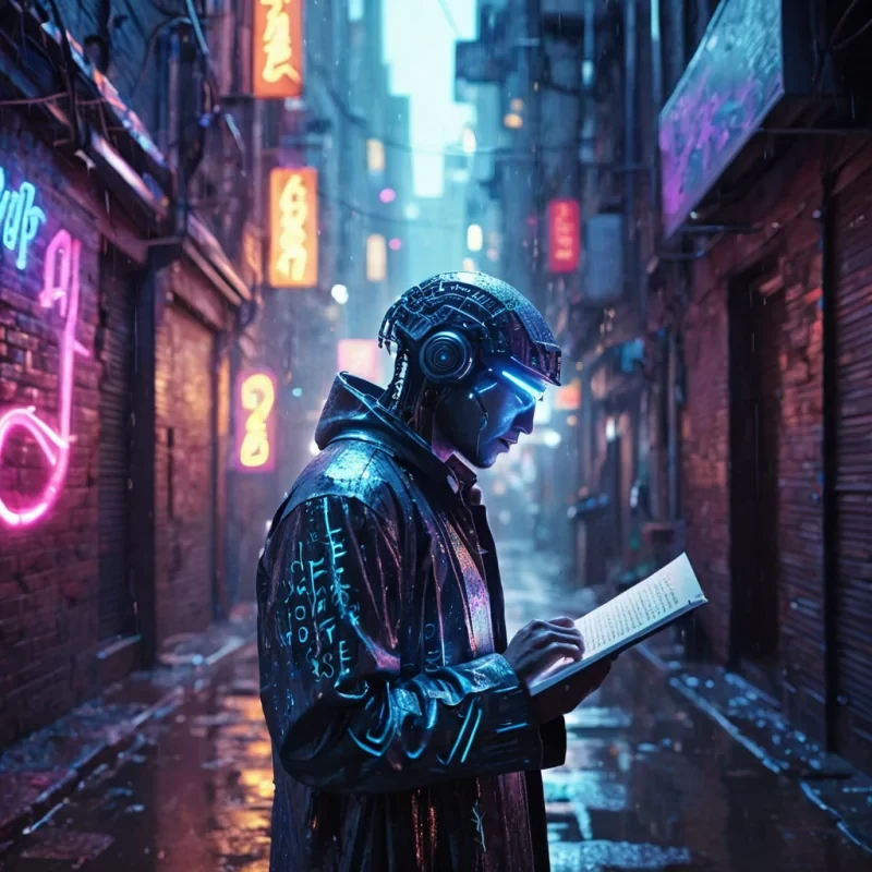 A lone, cyborg poet in a neonlit, rainsoaked alley, reciting verses that manifest as holographic calligraphy, hyperrealistic, 4K, cinematic lighting, dynamic lighting, bokeh effect, lens flare, vibrant colors, detailed textures.