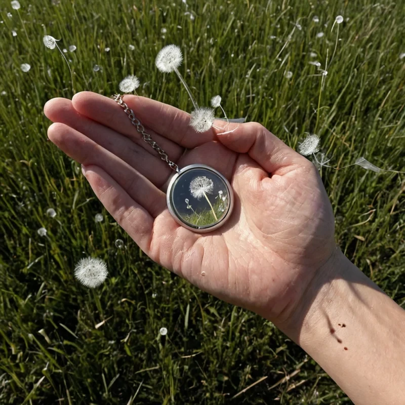 A single, hummingbirdsized locket made of solidified starlight and woven quantum foam floats in the center of a vast, silent chamber lined with walls of compressed, frozen laughter. Its surface is not smooth, but textured like the surface of a forgotten dreametched with microscopic, selfreplicating glyphs that shift and reconfigure every time a shadow passes nearby. The locket is not lockedit is open, revealing not a photograph, but a single, suspended moment a childs hand reaching for a dandelion in a field of solidified wind, the seeds not white fluff, but tiny, spinning fragments of unspoken words, each one glowing with the faint afterimage of a promise made in silence. Around it,