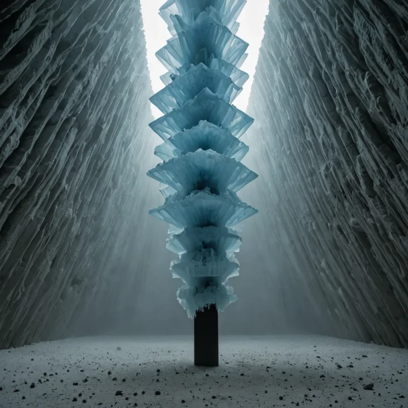 A horizontal, lowangle wide shot of a sprawling, subterranean archive constructed from interlocking, rigid hexagonal plates of translucent, pale blue quartz, suspended within a vast, empty cavern filled with heavy, suspended fog. The quartz plates are not static but are slowly rotating at different speeds, creating a hypnotic, fluid motion that refracts the faint, ambient light into scattered, rainbowlike caustics on the rough, textured limestone floor below. In the center of the formation, a single, massive, vertical column of dense, black liquid ink rises from the floor, defying gravity, and twists into a complex, spiral shape before dissipating into a fine mist at the top. The ink column is embedded with thousands of tiny, frozen
