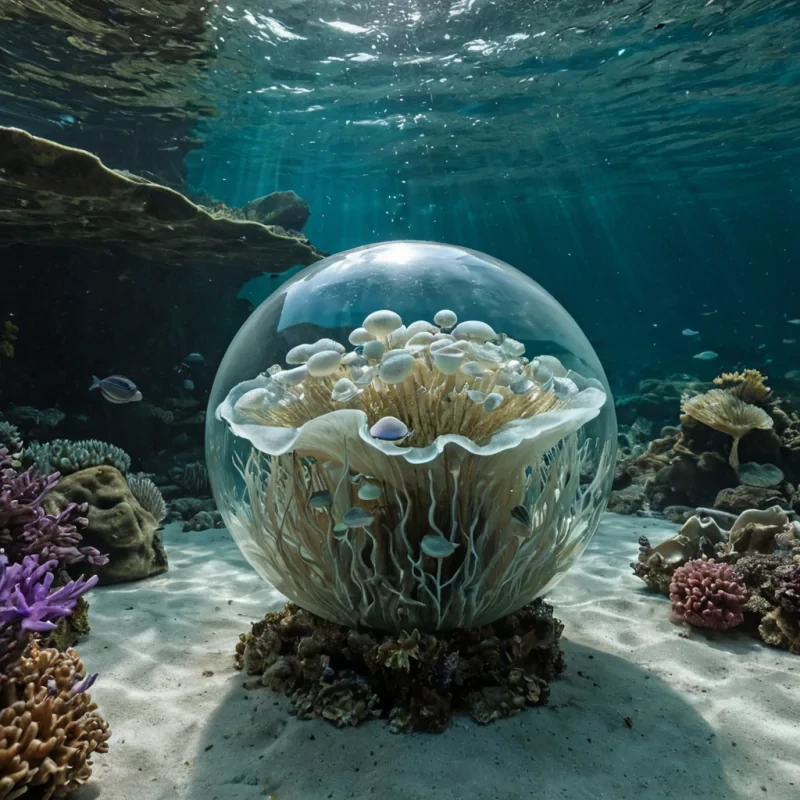 A vertical, eyelevel medium shot of a serene, underwater sanctuary built inside the hollowedout shell of a colossal, translucent abalone, where the interior walls shimmer with shifting bands of iridescent green, blue, and purple nacre. The space is filled with calm, crystalclear water that gently ripples around floating, spherical lamps made of frosted glass and glowing kelp. In the center, a circular table crafted from smooth, white coral holds a delicate arrangement of fresh, terrestrial flowers preserved in a bubble of air, creating a surreal contrast between land and sea. A figure with skin resembling polished, pearlescent shell and wearing a flowing gown of woven seagrass and silk drifts weightlessly in the foreground, their hand extended