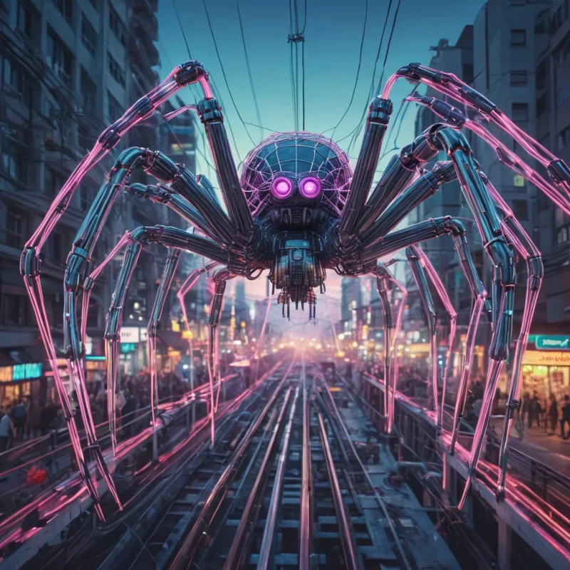 A colossal, mechanical spider weaving a web of iridescent cables across a neondrenched, futuristic metropolis at dusk, hyperrealistic, ultra HD, cinematic lighting, volumetric lighting, atmospheric effects, dynamic lighting, soft focus, lens flare, pastel tones, detailed textures.