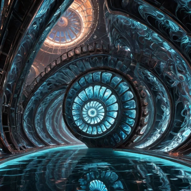 Photorealistic, titanic, crystalline, undulating, nautilus shell megastructure, its hyperrealistic, 4K, translucent, spiral chambers revealing ultra HD glimpses of a bustling, neondrenched, retrofuturistic world within. Volumetric lighting from unseen, pulsating, geothermal cores etches the megastructures ethereal, fractal walls, casting intricate, dynamic, neonswathed shadows on the inverted, reflective void. Cinematic lighting bathes the scene in vibrant, electric hues, with lens flare emphasizing the megastructures central, radiant, throbbing, nautilus heart, pulsating with captive, subterranean, geothermal energy.