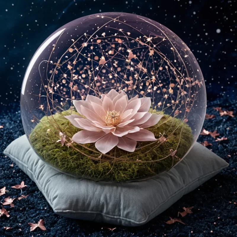 A vertical, highangle macro shot of a delicate, floating sanctuary constructed entirely from interlocking shards of translucent, frosted glass and polished rosegold metal, suspended in a void of deep, velvety indigo space. The structure resembles a complex, asymmetrical flower with petals that curve upwards, each embedded with tiny, glowing orbs of soft pink and pale yellow light that mimic a miniature constellation. In the center of the composition, a small, ethereal figure with skin the color of moonlit porcelain and hair made of swirling, gossamer threads of silver starlight sits crosslegged on a cushion of floating, iridescent moss. They are carefully arranging a cluster of luminous, spherical seeds that pulse with a gentle, rhythmic