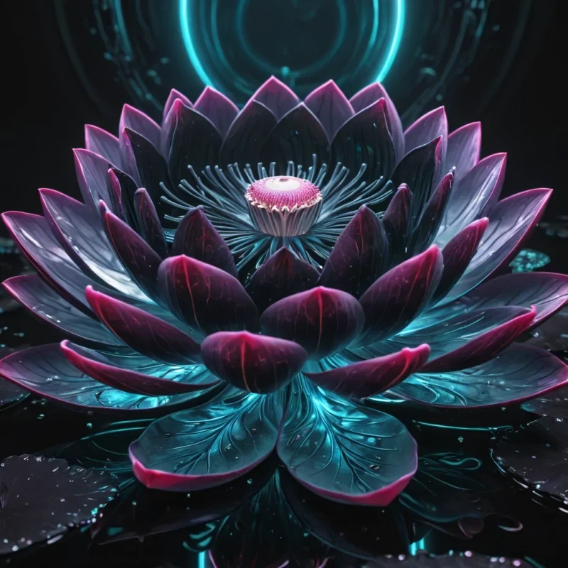 Photorealistic, colossal, obsidian, lotus flower, its hyperrealistic, 4K, velveteen petals unfurling to reveal ultra HD, neonlaced, cybernetic gardens within. Volumetric lighting from unseen, pulsating, cybernetic hearts etches the lotus ethereal, fractal petals, casting intricate, dynamic, neonswathed shadows on the inverted, reflective void. Cinematic lighting bathes the scene in vibrant, otherworldly hues, with lens flare emphasizing the lotus central, radiant, throbbing, obsidian heart, pulsating with captive, artificial, cybernetic energy.