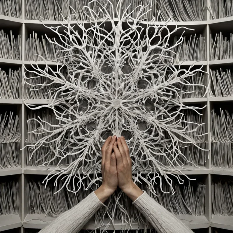 A single, selfquantizing filament of reversed entropy, shaped like a 1,000,000dimensional braid of unformed disorder and inverted decay, pulses at the center of a vast, inverted archive of solidified order  each shelf carved from the exact moment between a snowflake forming and its refusal to melt, a clock winding and dissolving into nonmechanical stillness, a symphony composed and collapsing into pure, unmeasured harmony. The braid does not unravel  it ununravels, each shimmering strand shedding a layer of chaotic potential that never coalesced into irreversible change, reforming into ephemeral, silverthreaded afterimages shaped like the negative space between two hands that