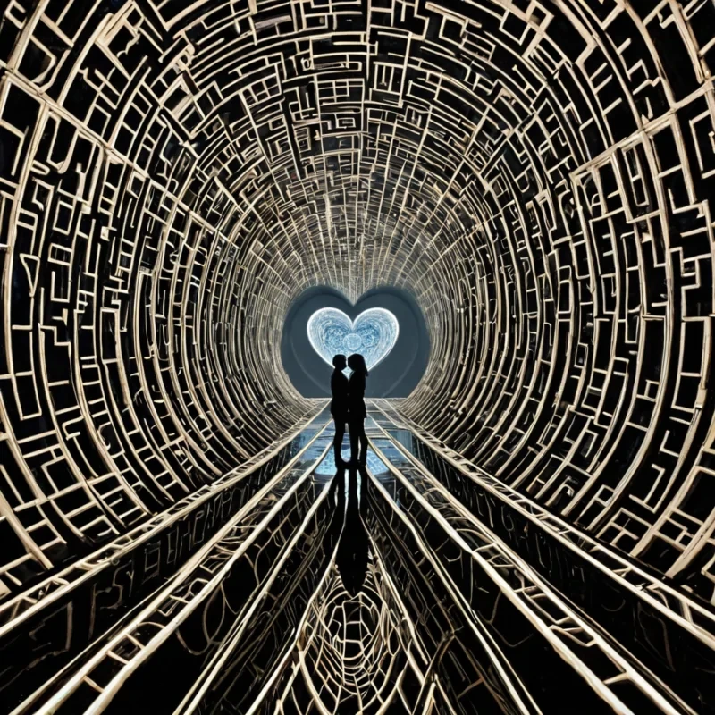 A single, selfresonating shard of solidified empathy, shaped like a hyperbolic lattice of reversed emotional frequency, pulses at the center of a vast, inverted mirror maze constructed from the compressed, unreflected moments of a civilization that communicated through the duration of synchronized, silent mirroring of each others inner light. The shard does not reflectit unfeels, each vibration dissolving a layer of compassion that never coalesced into a shared understanding, reforming into ephemeral, lapislazuliveined afterimages shaped like the negative space between two hearts that never beat in harmony during the same moment of mutual recognition. The mirror maze is not opticalit is a layered expanse of petrified introspection, each