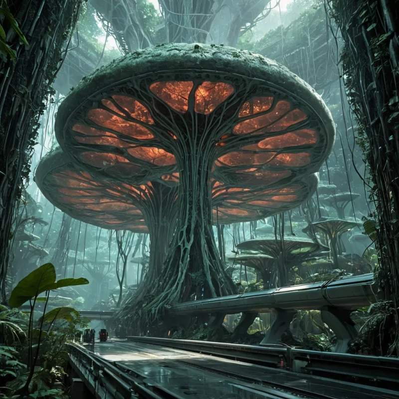A horizontal, eyelevel wide shot of a vibrant, highenergy transit hub located on the upper canopy of a colossal, floating fungal megastructure in a humid, alien jungle. The architecture consists of organic, undulating walkways made of translucent, calcified chitin in hues of pale coral and mint green, supported by thick, muscular rootlike pillars that pulse with soft bioluminescent veins. Above, the ceiling is a dense network of hanging, glowing sporesacs that drift slowly, releasing clouds of iridescent, glittering dust that catches the dappled sunlight filtering through the thick, leafless upper branches. In the center, a sleek, podlike transport vehicle with a smooth, obsidian hull glides silently along a