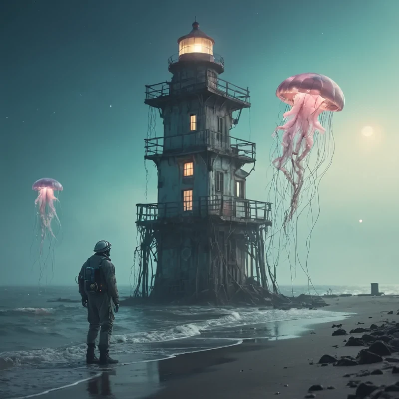 A lone, robotic lighthouse keeper tending to a dilapidated structure on a barren, misty shore, the sky filled with floating, bioluminescent jellyfish, hyperrealistic, 4K, cinematic lighting, volumetric lighting, atmospheric effects, bokeh effect, pastel tones, detailed textures.