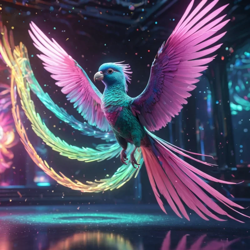 Hyperrealistic neon quetzal with iridescent feathers, gracefully soaring through a floating, geometric wave of reflective, swirling pastel octagons, dynamic lighting with volumetric beams, soft focus on its delicate, luminescent body, vibrant colors, 4K resolution, lens flare dancing around its ethereal form in a surreal, futuristic sky sanctuary.