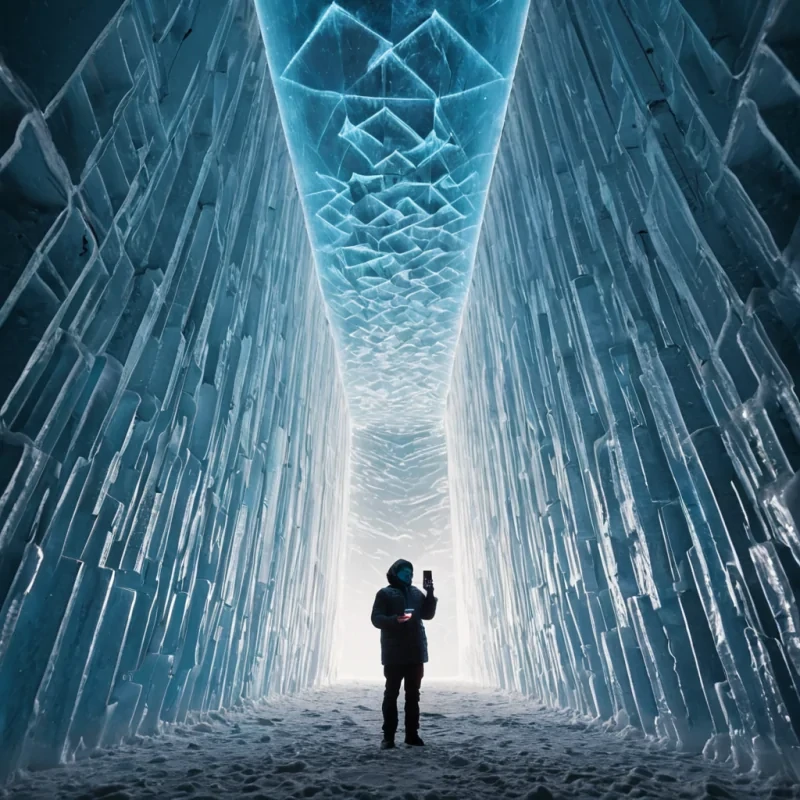 A photorealistic, eyelevel medium shot of a solitary architect standing inside the hollow core of a colossal, inverted ziggurat constructed from stacked, translucent layers of compressed ice and suspended magnetic sand. The structure is illuminated from below by a deep, pulsating azure glow that fractures through the ice, creating prismatic beams of light that pierce the misty, cold air. The architect wears a heavy, textured parka made of woven, iridescent fibers that shift from silver to violet under the light, holding a tablet device with a holographic interface displaying rotating geometric shapes. The surrounding atmosphere is filled with floating, spherical orbs of condensed water vapor that catch the light like suspended diamonds, while the background fades into a soft, outoffocus