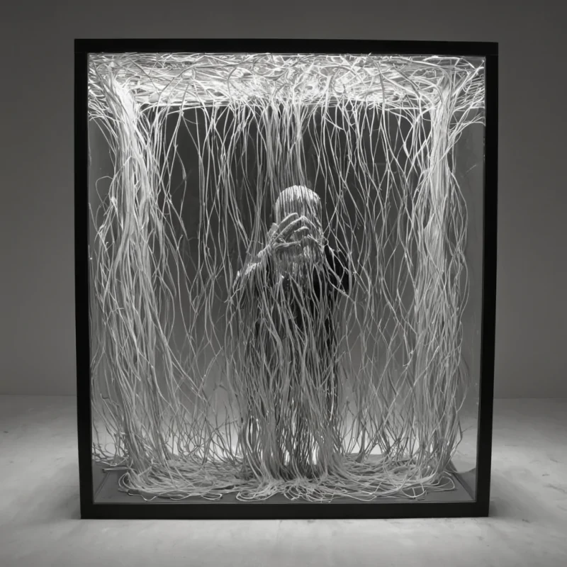 A single, selffragmenting filament of reversed memory, shaped like a 913dimensional mosaic of unformed recollection and inverted nostalgia, drifts at the center of a vast, inverted museum of solidified forgettingeach display case carved from the exact moment between a photograph being developed and its refusal to develop, a name being spoken and dissolving into unpronounceable breath, a face being remembered and collapsing into pure, unrecalled absence. The filament does not preserveit unpreserves, each shimmering shard shedding a layer of mnemonic potential that never coalesced into a shared past, reforming into ephemeral, opalthreaded afterimages shaped like the negative space between two hands that never held the same letter.