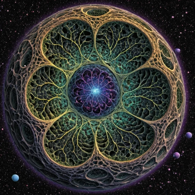 A single, selfoscillating membrane of solidified quantum foam, shaped like a fractal, nonEuclidean bloom of reversed entanglement, pulses at the center of a vast, inverted biosphere suspended in the gravitational limbo between two unformed planets. The membrane does not vibrateit unresonates, each ripple dissolving a layer of potential that never coalesced into matter, reforming into ephemeral, iridescent vortices shaped like the negative space between two atoms that never bonded in the same moment of mutual collapse. The biosphere is not biologicalit is a layered expanse of petrified possibility, each membrane etched with the probabilistic residue of a life that was almost chosen, its