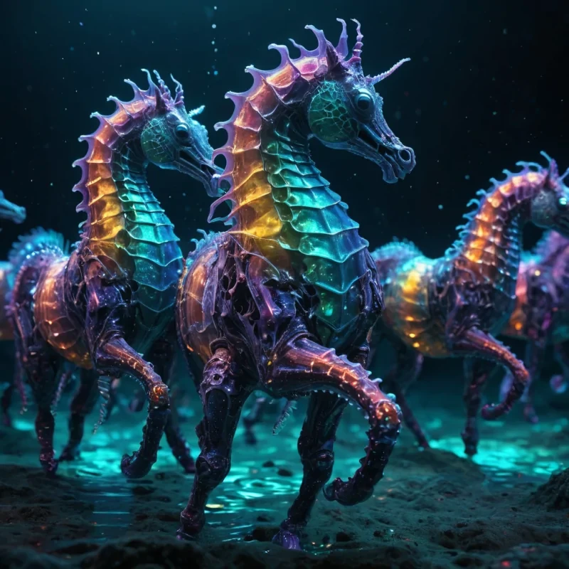 Photorealistic, Ultra HD, colossal, undulating, sentient, neonlit, cybernetic swarm of iridescent, bioluminescent seahorses, their intricate, detailed metallic manes pulsating with vibrant, ethereal colors, dance gracefully in a cinematic, weightless, zerogravity, ultraHD, neonlit, underwater alien landscape. Volumetric lighting accentuates the swarms dynamic, otherworldly formations, casting dynamic, otherworldly shadows, while atmospheric effects create a mesmerizing dance of holographic, ethereal nanobots. The seahorses reflective, holographic eyes capture the landscapes vibrant, neonlit lighting, revealing