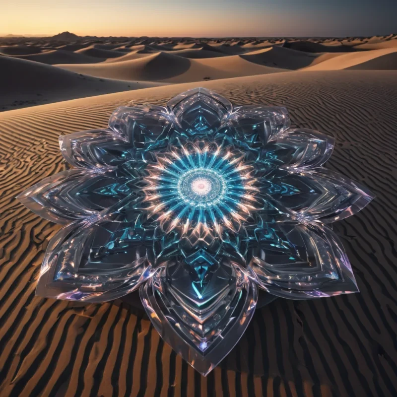 Photorealistic, Ultra HD portrait of a sentient, levitating, neonlit holographic kaleidoscope, its ethereal form pulsating with intricate, bioluminescent geometric patterns, set against a surreal, monochromatic landscape of undulating, shadowy dunes, with volumetric lighting casting dramatic shadows and emphasizing the kaleidoscopes dynamic, fluid movements, and a subtle, cool bokeh effect creating a sense of isolation and mystery.