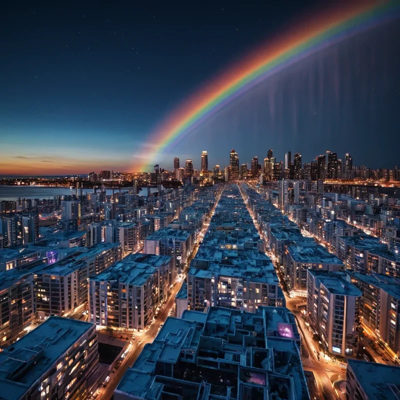 A vast, floating city of mirrored glass and liquid mercury hovers above a sea of perpetual twilight, its architecture shaped like frozen sound waves frozen midresonance. Each building pulses with internal light that shifts in hue with the citys emotional frequencycalm blues when quiet, vibrant magentas during moments of collective inspiration. The streets are paved with solidified rainbows, refracting the ambient glow into a thousand tiny prisms that dance across the surface like living light. Hovering above the city, a swarm of crystalline mothseach one a tiny, selfcontained auroradrift in synchronized patterns, their wings trailing faint trails of stardust that dissolve into the air. The sky is a deep, velvety
