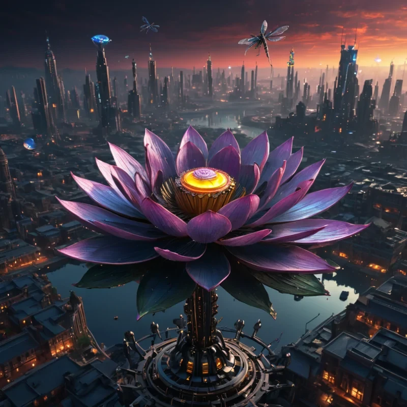 A colossal, ancient, mechanical lotus, its metallic petals unfurling to reveal a labyrinthine, neonlit city within, blooms from the heart of a vast, undulating, obsidian plain. Suspended within the lotus stamen, a holographic, sentient, mechanical swarm of dragonflies dances, casting ephemeral shadows on the citys inhabitants sentient, robotic, reptilian creatures. Rendered in ultra HD, with volumetric lighting, atmospheric effects, and vibrant colors, evoking a sense of surreal, otherworldly wonder.