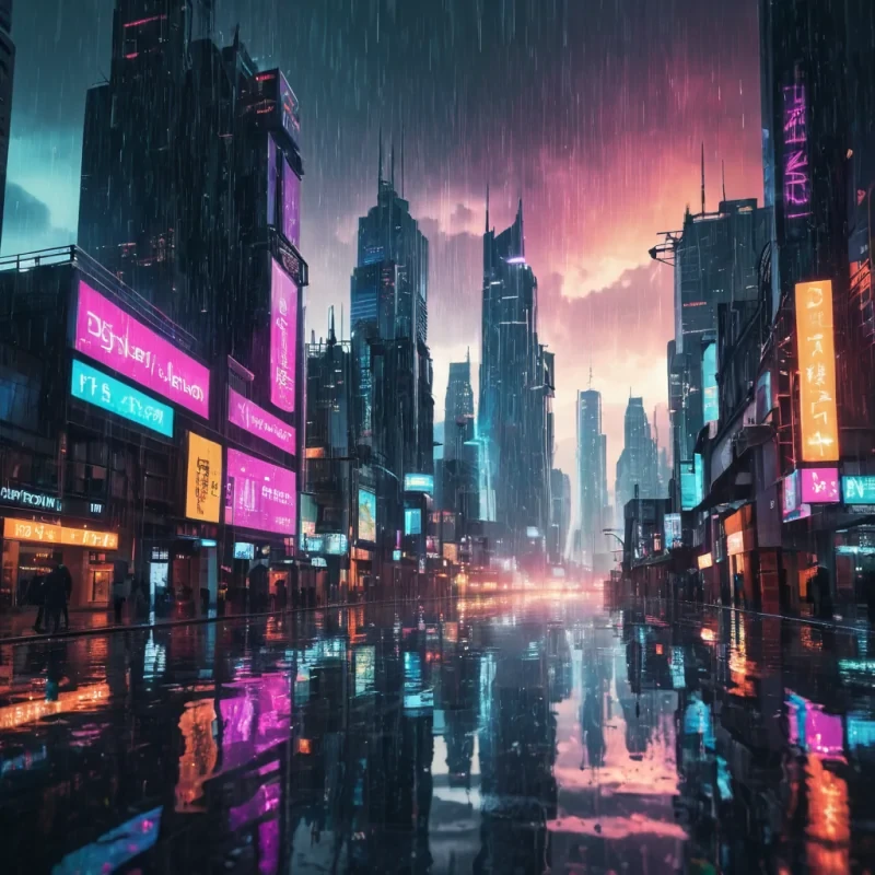 A futuristic, neondrenched cityscape where buildings morph and shift like liquid metal, reflecting the endless rain of a perpetual storm, hyperrealistic, ultra HD, cinematic lighting, volumetric lighting, atmospheric effects, dynamic lighting, bokeh effect, soft focus, lens flare, vibrant colors, detailed textures.
