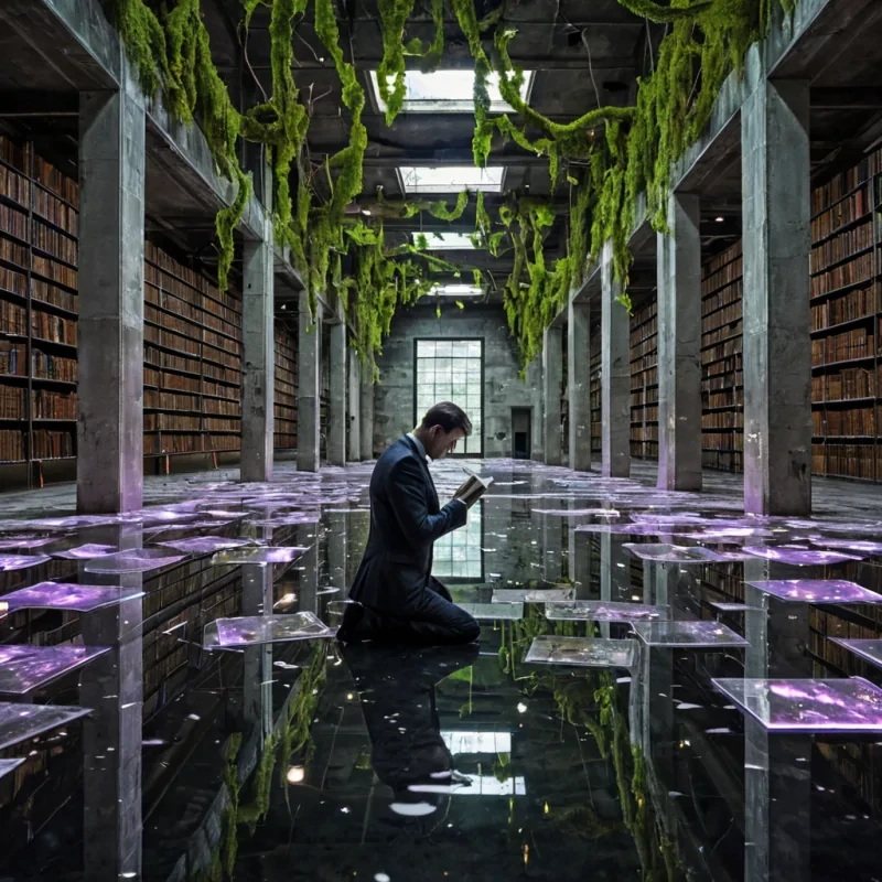 A horizontal, eyelevel wide shot of a colossal, abandoned library interior where the floor is a vast, shallow pool of still, mercurylike liquid metal that perfectly mirrors the ceiling. The architecture features towering, brutalist concrete pillars wrapped in thick, cascading vines of bioluminescent moss in shades of neon green and soft lavender, replacing traditional books with thousands of suspended, floating geometric prisms of frosted glass that rotate slowly. In the center foreground, a figure wearing a sleek, formfitting suit of matte white ceramic armor with intricate, goldleaf circuitry etched into the surface kneels at the waters edge, their hand gently touching the liquid surface, causing ripples of silver light to distort the reflection of the glass pr