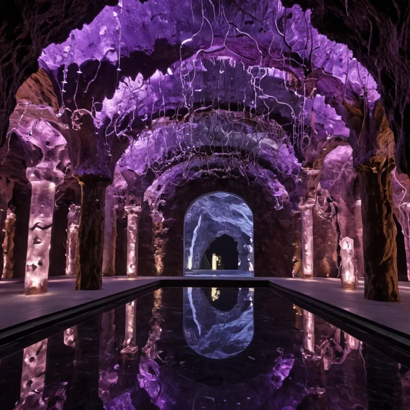 A horizontal, eyelevel wide shot of a vast, subterranean atrium carved into the side of a massive, luminous salt cavern, where the walls are encrusted with glowing, jagged crystals of deep violet and pale pink. The architecture features sweeping, minimalist arches of brushed titanium that support a ceiling of transparent, bubblelike membranes holding suspended, floating gardens of bioluminescent moss and trailing vines of silver foliage. In the center of the atrium, a circular plaza paved with smooth, black basalt tiles is filled with a shallow pool of still, reflective water that mirrors the glowing ceiling. In the foreground, a terraforming architect with skin resembling warm, polished mahogany and wearing a structured, asymmetrical coat of deep