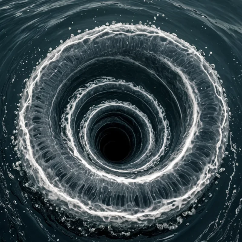 A single, selfsiphoning vortex of reversed gravity, shaped like a 12,783dimensional spiral of unformed descent and inverted ascent, rotates through the hollow core of a vast, inverted ocean of solidified buoyancy. Each coil is spun from the exact moment between a drop falling into water and its refusal to displace, a wave cresting and dissolving into nonmotion, a breath syncing with the rhythm of a submerged city and collapsing into pure, unmeasured nonweight. The vortex does not pull  it unpulls, each unraveling turn shedding a layer of hydrodynamic potential that never coalesced into ripple, current, or the weight of being submerged. As it spins backward through the void, it leaves