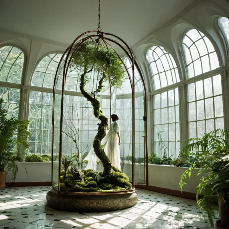 A horizontal, eyelevel medium shot of a quiet, sunlit conservatory where the flooring is a seamless mosaic of polished emerald and jade tiles, reflecting the vibrant greenery above. The glass ceiling is replaced by a swirling, cloudlike canopy of soft, white wool fibers that diffuse the natural light into a gentle, milky glow. Suspended from the ceiling by nearly invisible, thin silver threads are hundreds of oversized, translucent glass terrariums in various organic shapes, each containing a miniature, selfsustaining ecosystem of moss, ferns, and glowing blue crystals. In the center, a figure dressed in a flowing, creamcolored linen dress with wide sleeves gently prunes a large, sculptural bonsai tree made of twisted copper wire