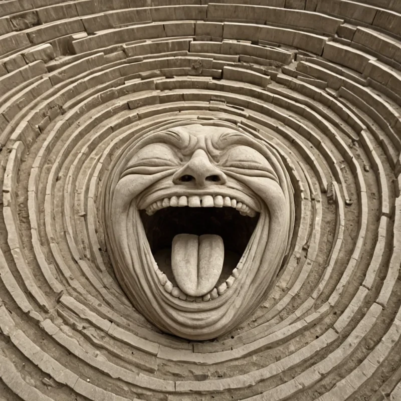 A single, selfrewriting filament of inverted laughter, shaped like a 173dimensional spiral of unformed joy and reversed mirth, pulses through the center of a vast, inverted amphitheater of solidified sorroweach seat carved from the petrified instant between a smile forming and its refusal to spread, a chuckle rising and its sudden collapse into silent breath, a joke told and its immediate unraveling into hollow air. The filament does not laughit unlaughs, each trembling strand shedding a layer of euphoric potential that never coalesced into a shared moment of delight, reforming into ephemeral, amethystthreaded afterimages shaped like the negative space between two mouths that never parted in genuine amusement,