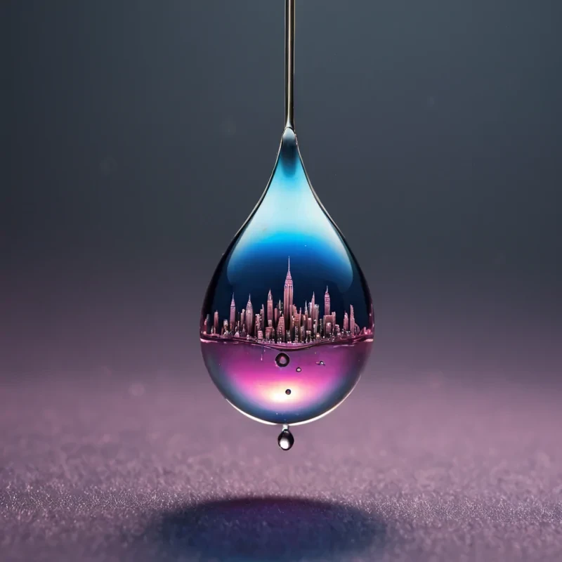 A hyperrealistic, extreme macro shot of a single, suspended droplet of molten, iridescent chrome hovering in a void of deep, midnight blue velvet fog. Inside the droplet, trapped in a state of suspended animation, is a miniature, intricate cityscape built from translucent, pale pink porcelain and woven, flexible carbon fiber, with streets paved in polished silver and towers topped with tiny, glowing amber orbs. The surface of the chrome droplet is perfectly smooth and mirrorlike, reflecting a distorted, rippling image of a distant, nebulalike cloud formation in shades of electric cyan and soft magenta. The lighting is soft and diffused, coming from multiple unseen sources, creating a gentle, ethereal glow that highlights the intricate