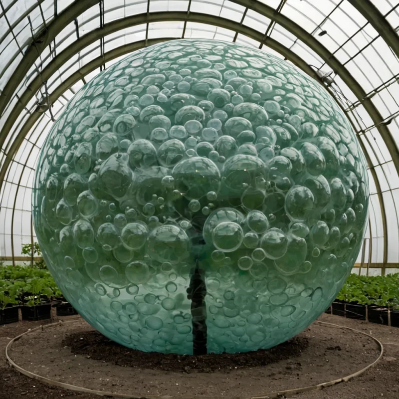 A single, selfrotating sphere of solidified breath, shaped like a fractalized, nonNewtonian bubble of reversed pulmonary resonance, hovers at the center of a vast, inverted greenhouse built from the compressed, uninhaled air of a civilization that communicated through the duration of synchronized, silent inhaling. The sphere does not expandit uninhales, each rotation dissolving a layer of oxygen that never coalesced into a shared breath, reforming into ephemeral, jadeveined afterimages shaped like the negative space between two nostrils that never drew in the same molecule of atmosphere in the same moment of mutual presence. The greenhouse is not botanicalit is a layered expanse of petrified respiration, each