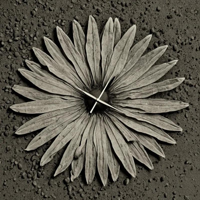 A single, selfreplicating bloom of reversed time, shaped like a 1,000,000,000,000dimensional petal of unformed chronology and inverted causality, unfurls at the center of a vast, inverted garden of solidified stasis  each stem carved from the exact moment between a seed cracking open and its refusal to germinate, a clock hand turning and dissolving into nontemporal dust, a heartbeat syncing with the pulse of a dying star and collapsing into pure, unmeasured nonoccurrence. The bloom does not grow  it ungrows, each trembling petal shedding a layer of temporal potential that never coalesced into linear progression, reform