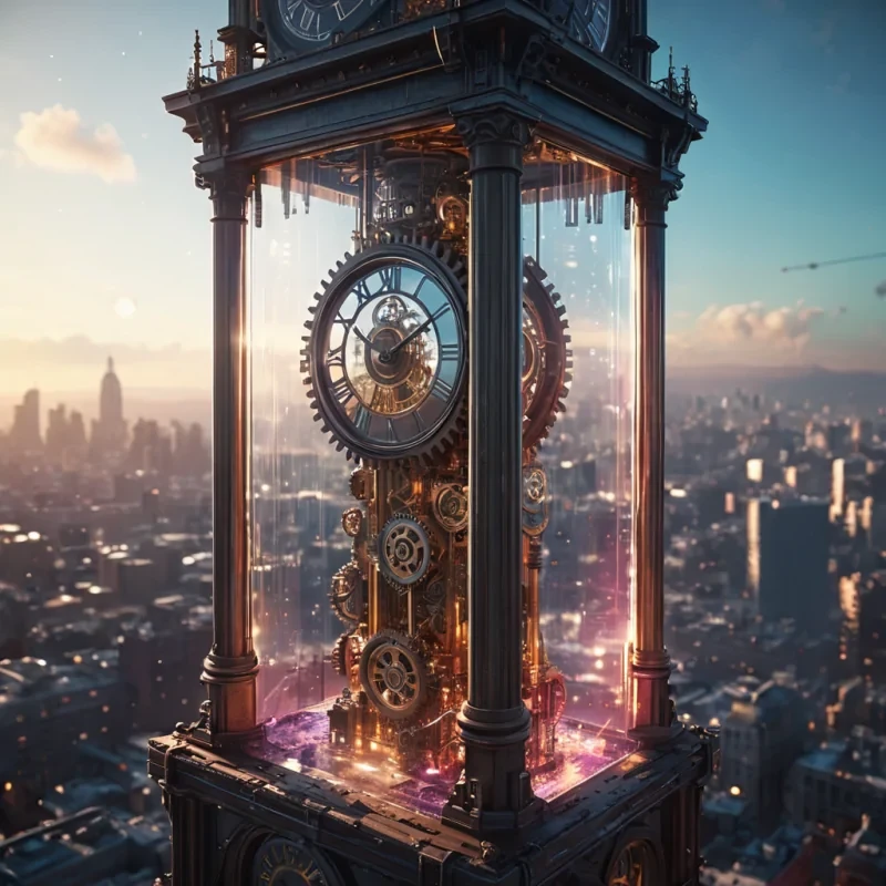 A colossal, levitating clock tower suspended over a sprawling, neondrenched metropolis, its gears and mechanisms visible through a transparent crystal casing, hyperrealistic, 4K, cinematic lighting, volumetric lighting, atmospheric effects, dynamic lighting, bokeh effect, soft focus, lens flare, vibrant colors, detailed textures.
