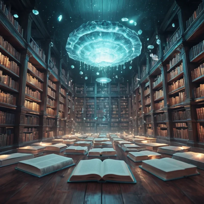 A levitating, crystalline library floating above a vast, alien ocean, its shelves filled with glowing, liquidfilled tomes, hyperrealistic, Ultra HD, cinematic lighting, volumetric lighting, atmospheric effects, soft focus, pastel tones, detailed textures.