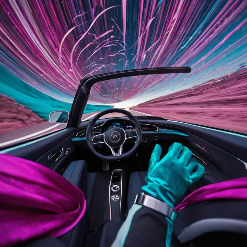 A highspeed, motionblurred perspective from inside the cockpit of a sleek, openframe racing vehicle navigating a winding track constructed entirely from suspended, interlocking ribbons of vibrant, iridescent silk fabric. The track spirals through a vast, cloudless void of deep indigo, where gravity appears localized to the fabric pathways, allowing the vehicle to bank sharply and loop vertically. The driver, wearing a minimalist helmet of polished white ceramic with a transparent visor reflecting the swirling colors of the silk below, leans into a turn, their gloved hand gripping a steering wheel made of warm, matte wood. The air is filled with floating, weightless petals in shades of magenta, cyan, and gold that trail behind the vehicle like a comet