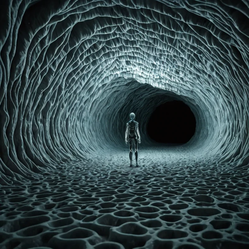 A hyperrealistic, wideangle cinematic shot of a vast, subterranean cavern illuminated by a soft, diffuse bioluminescent glow emanating from millions of suspended, translucent jellyfishlike organisms that drift in a slow, synchronized wave pattern across the ceiling. The cavern walls are not rock, but a seamless, continuous surface of compressed, matte white ash that has been sculpted into intricate, fractal spiral grooves, creating a texture that absorbs the light into deep, velvety shadows. In the foreground, a lone, slender figure clad in a sleek, modular exosuit made of articulated, pale grey ceramic plates stands on a narrow, floating bridge of solidified amber resin. The bridge stretches into the distance, curving gently