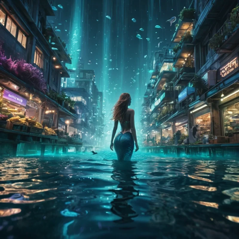 A vast, underwater cityscape with bioluminescent flora illuminating the streets, futuristic architecture blending seamlessly with the ocean floor, a lone mermaid swimming through the citys market, hyperrealistic, 4K, cinematic lighting, volumetric lighting, atmospheric effects, dynamic lighting, bokeh effect, soft focus, lens flare, vibrant colors, detailed textures.