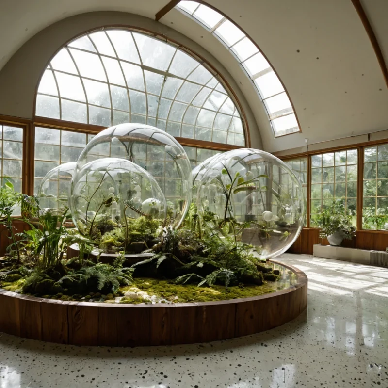 A horizontal, eyelevel medium shot of a silent, indoor conservatory dedicated to the cultivation of giant, floating seed pods that resemble translucent, ambercolored glass marbles, each suspended by delicate, silver filaments from a high, vaulted ceiling of exposed white timber beams. Inside each pod, a miniature, fully formed ecosystem thrives in suspended animation tiny ferns, mossy rocks, and miniature waterfalls are preserved in a state of perfect stillness, visible through the clear, curved surfaces. The room is bathed in soft, directional sunlight streaming through large, dustmotefilled windows, casting long, dramatic shadows across the polished terrazzo floor. In the foreground, a botanist with skin resembling smooth, warm olive wood and
