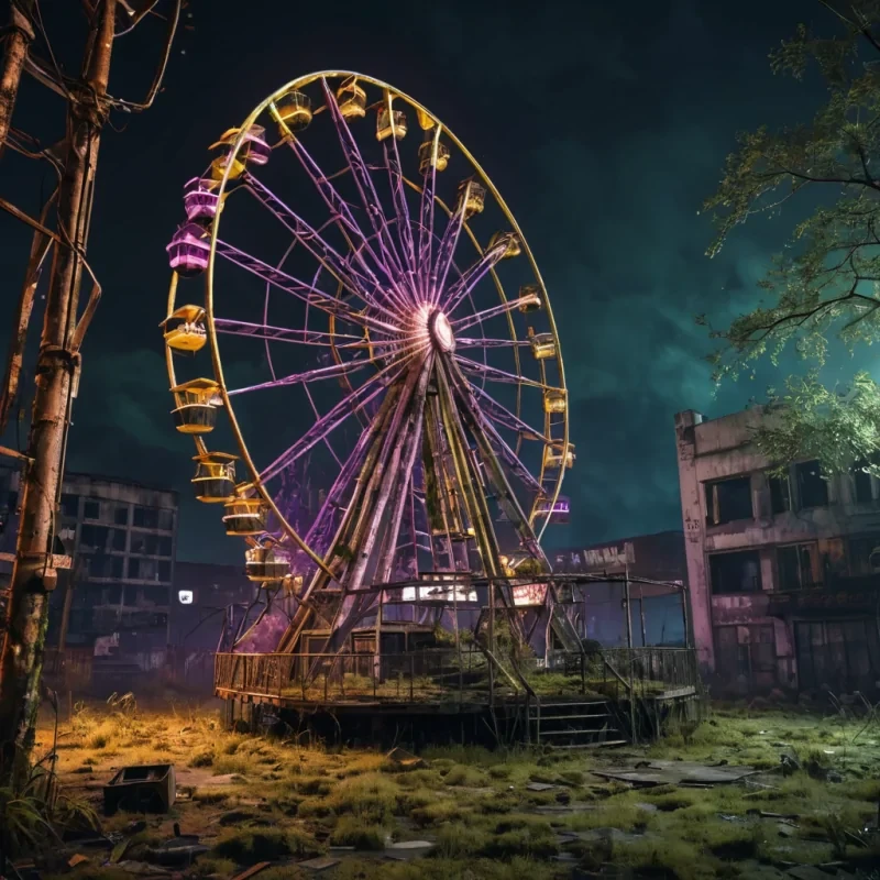 A levitating, abandoned Ferris wheel in a postapocalyptic cityscape, its rusted structure encrusted with luminescent moss, as neon graffiti flickers across its surface, hyperrealistic, 8K, cinematic lighting, volumetric lighting, atmospheric effects, dynamic lighting, bokeh effect, soft focus, lens flare, muted purples and faded yellows, detailed textures.