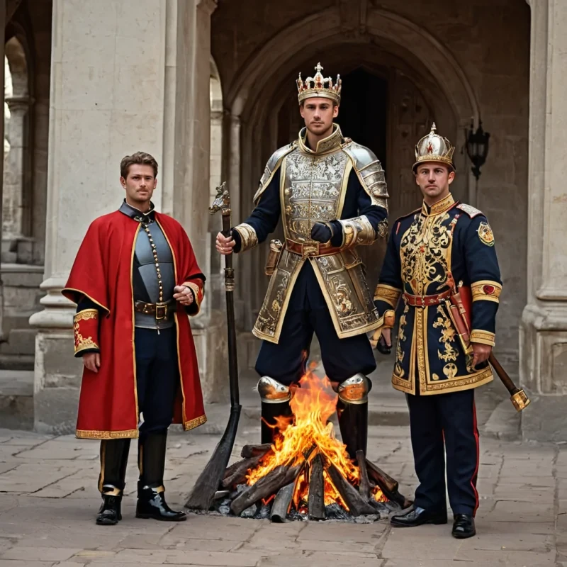 With castle guards and firemen, the handsome king and these men put out a fire in the palace