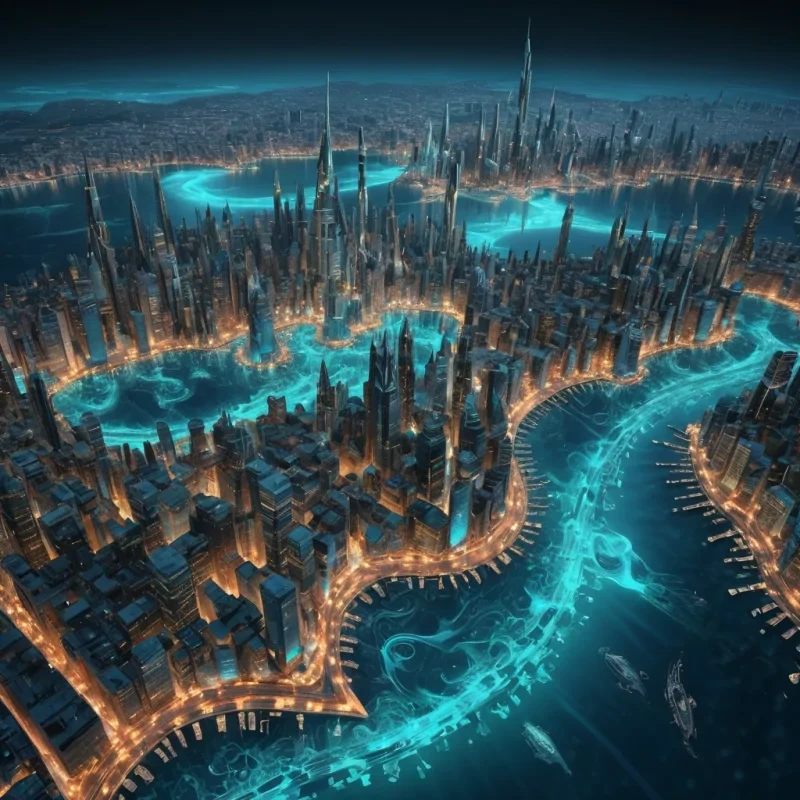 A hyperrealistic, 4K, ultra HD depiction of a surreal, opalescent city floating amidst a vast, cerulean ocean. The citys geometric structures and undulating spires are etched in intricate, fractal patterns that shimmer in vibrant, prismatic hues. Volumetric lighting from a distant, pulsating, bioluminescent source bathes the scene in a mesmerizing symphony of colors. Cinematic lighting accentuates the citys central, radiant, luminescent pool, its rippling, liquid surface casting ethereal reflections on the surrounding, geometric formations. Photorealistic, fractal, zerogravity water formations unfurl in a surreal dance, creating an otherworldly, aquatic ballet.