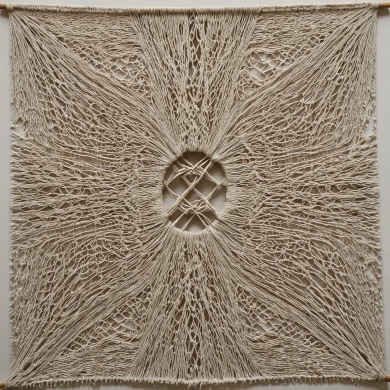 A single, selfsilencing loom of reversed weave, shaped like a 59dimensional tapestry of unformed thread and inverted pattern, floats at the center of a vast, inverted textile voideach fiber spun from the petrified instant between a needles descent and its refusal to pierce, a knot tied and its immediate unraveling into air, a stitch begun and its silent dissolution into nothingness. The loom does not createit unweaves, each trembling shuttle shedding a layer of tactile potential that never coalesced into a shared fabric, reforming into ephemeral, obsidianveined afterimages shaped like the negative space between two fingers that never touched cloth, suspended in the quiet, weightless breath of