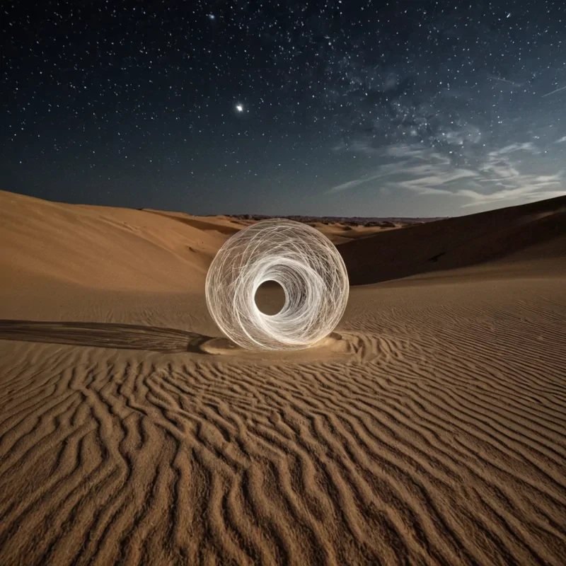 A single, selfilluminating filament of solidified moonlight, shaped like a 47dimensional Mbius helix woven from reversed chronons and unformed starlight, pulses at the center of a vast, inverted desert composed entirely of petrified silence and suspended moments of unshared stillness. The filament does not emit lightit unblinks, each contraction dissolving a layer of temporal potential that never coalesced into a shared gaze, reforming into ephemeral, opalthreaded afterimages shaped like the negative space between two eyes that never met in the same moment of mutual absence. The desert is not aridit is a stratified expanse of compressed emptiness, each dune a fossilized breath