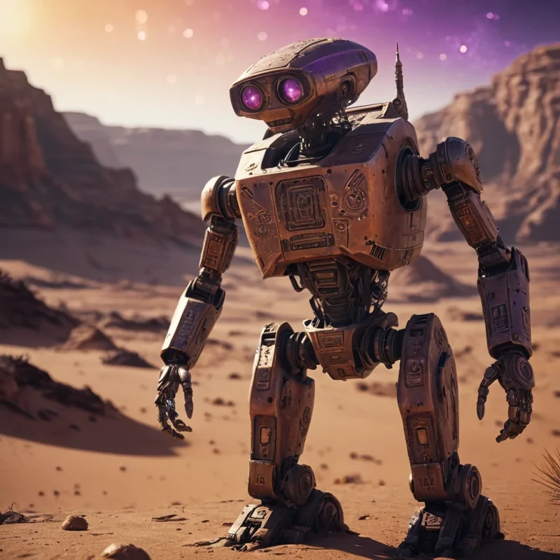 A solitary, weathered robot explores a vast, desertlike planet, its metallic body adorned with ancient, alien glyphs, hyperrealistic, 4K, cinematic lighting, volumetric lighting, atmospheric effects, dynamic lighting, bokeh effect, soft focus, lens flare, warm oranges, deep purples, and rich browns, detailed textures.