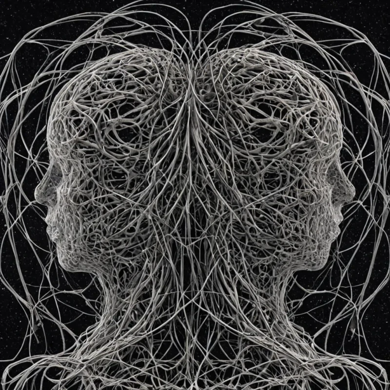 A single, selfunfolding tangle of solidified memory, shaped like a Mbius ribbon of reversed neural feedback, drifts at the center of a vast, inverted neural net woven from the compressed, unrecalled fragments of a civilization that communicated through the duration of synchronized, silent dreaming. The tangle does not recallit unremembers, each twist dissolving a layer of cognition that never coalesced into a shared dream, reforming into ephemeral, amethystveined afterimages shaped like the negative space between two minds that never synchronized in the same moment of mutual lucidity. The neural net is not digitalit is a layered expanse of petrified thought, each synapse etched with the electro