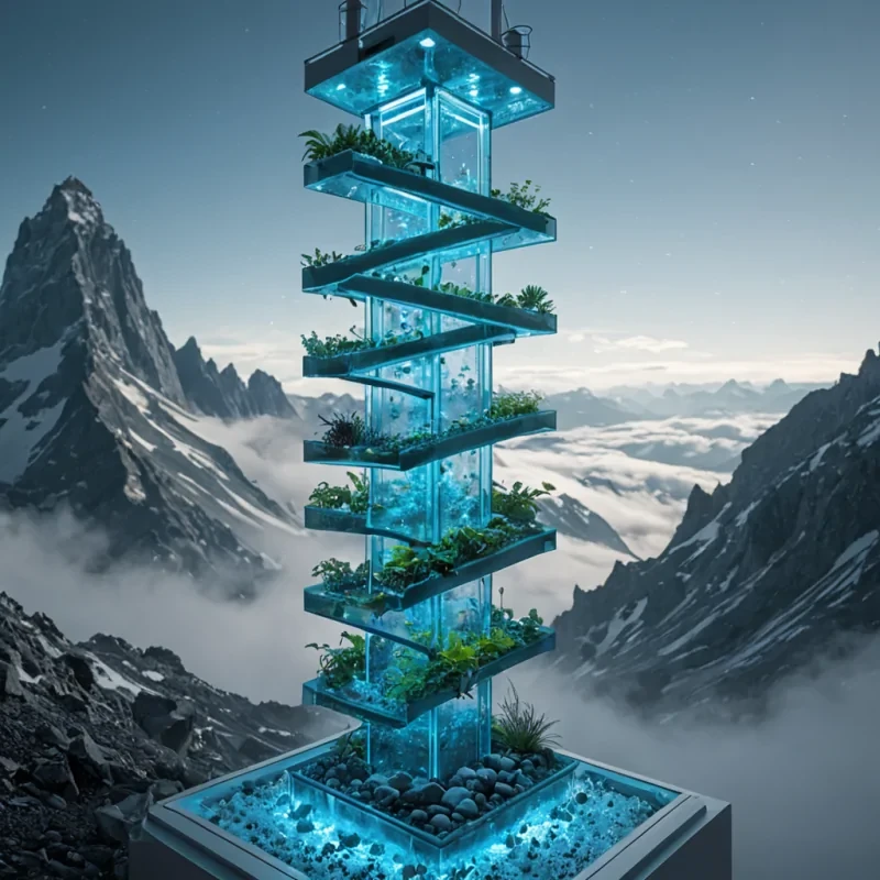 A hyperrealistic, isometric view of a dense, vertical hydroponic tower garden suspended in a misty, highaltitude alpine void, where the plants are not green but cultivated from bioluminescent, translucent blue fungal networks and crystallized mineral structures. The tower is a spiraling lattice of brushed titanium and clear acrylic panels, revealing the internal irrigation system that pulses with rhythmic streams of glowing, electric cyan fluid. Each shelf holds intricate, geometric arrangements of these nonplant life forms, some resembling delicate, frozen ice sculptures, others like smooth, polished blue stones with faint, internal veins of light. The background is a soft, outoffocus blur of distant mountain peaks shrouded in thin, white clouds, illuminated by