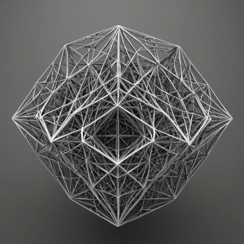 A single, selfunfolding tesseract of reversed geometry, shaped like a 13,842dimensional lattice of unformed space and inverted dimensionality, rotates in the center of a vast, inverted void of solidified perspective. Each facet is woven from the exact moment between a line being drawn and its refusal to extend, a corner being folded and dissolving into nonangle, a horizon being perceived and collapsing into pure, unmeasured nondepth. The lattice does not contain spaceit uncontains it, each expanding plane shedding a layer of spatial potential that never coalesced into form or boundary, reforming into ephemeral, topazveined light that fractures into floating, silent coordinates drifting like the afterimage of a