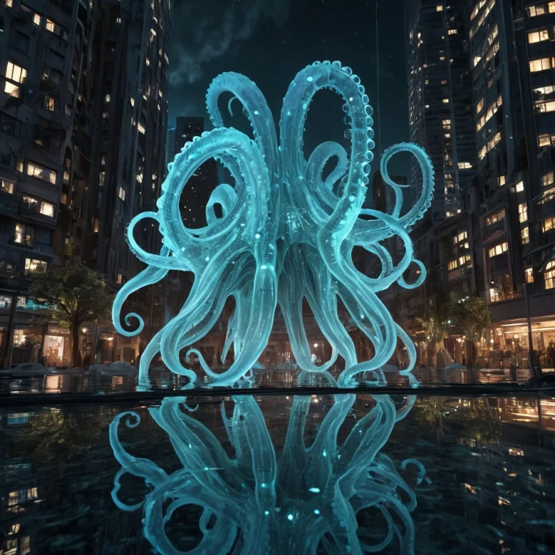 Photorealistic, gargantuan, crystalline, cephalopod metropolis, its hyperrealistic, 4K, reflective tendrils intertwining ultra HD, bioluminescent, underwater ecosystems. Volumetric lighting from unseen, pulsating, bioluminescent hearts etches the citys ethereal, geometric architecture, casting intricate, dynamic, bioluminescent shadows on the inverted, reflective void. Cinematic lighting bathes the scene in vibrant, otherworldly hues, with lens flare emphasizing the citys central, radiant, throbbing, crystalline heart, pulsating with captive, artificial, bioluminescent energy.