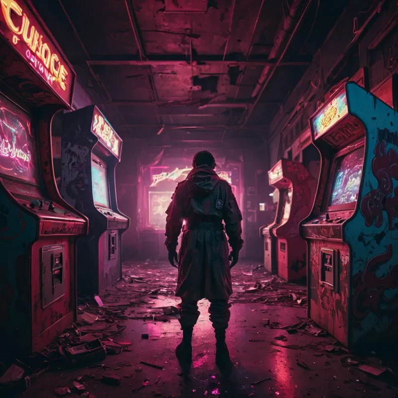 An abandoned, neonlit arcade, swallowed by a relentless, crimson twilight, its vintage machines casting eerie, flickering shadows. A lone, spectral figure, clad in a tattered, vintage arcade uniform, drifts through the desolate space, their form composed of swirling, pixelated ghosts. Ultra HD, dynamic volumetric lighting, atmospheric lens flare, vibrant neon colors.