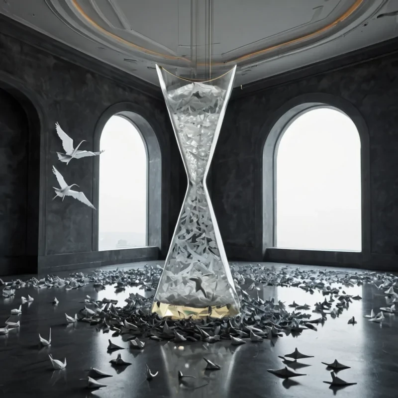 A hyperrealistic, eyelevel medium shot of a solitary, towering structure resembling a giant, vertical hourglass made of frosted, milkywhite glass, standing in the center of a vast, silent room with walls covered in deep, matte charcoal acoustic foam. The hourglass contains no sand, but rather a swirling vortex of thousands of tiny, metallic paper cranes in shades of iridescent silver and pale gold, caught in a slow, upward current that defies gravity. The narrow neck of the hourglass is a seamless ring of polished chrome, emitting a soft, warm white glow that illuminates the intricate folds of the paper birds. The floor is a highly reflective, dark obsidian surface that mirrors the structure and the floating cranes