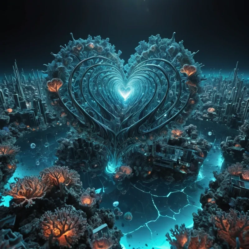 Photorealistic, colossal, inverted, oceanic, fractal, coral metropolis, its hyperrealistic, 4K, gemstone structures unfurling ultra HD, zero gravity, aeroponic ecosystems. Volumetric lighting from unseen, pulsating, bioluminescent hearts etches the citys ethereal, geometric architecture, casting intricate, dynamic, neon shadows on the inverted, reflective void. Cinematic lighting bathes the scene in vibrant, aquatic hues, with lens flare emphasizing the citys central, radiant, throbbing, opalescent heart, pulsating with captive, alien, geothermal energy.